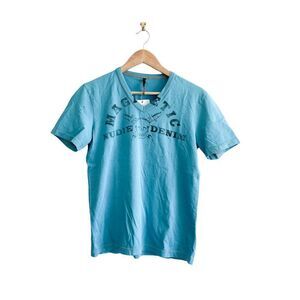 Nudie Jeans Co. Y2K Men's T Shirt Leif Magnetic V-Neck Turquoise Blue Medium NWT